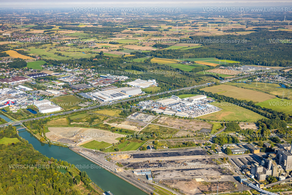 Hamm250900778 | Luftbild, Autobahn A2 und Gewerbegebiet Uentrop mit Funke Kunststoffe GmbH, Datteln-Hamm-Kanal, angedachte Autobahn A2 Anschlussstelle Siegenbeckstraße, Eilmsen, Welver, Ruhrgebiet, Nordrhein-Westfalen, Deutschland