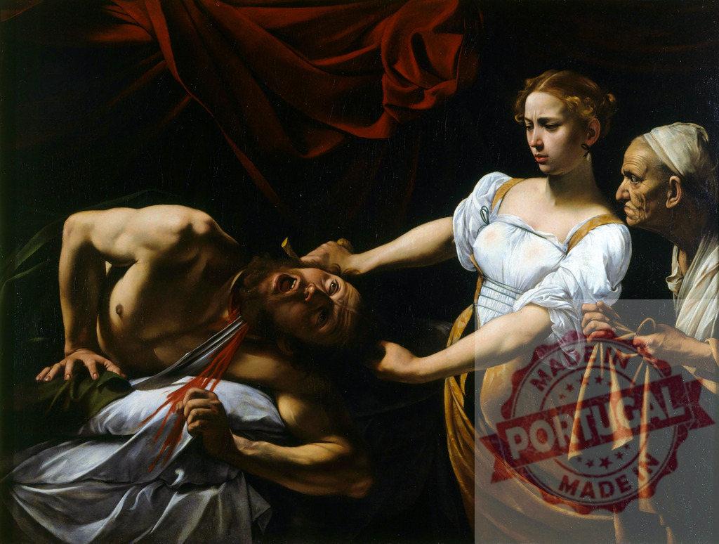 Art by Carravagio Judith beheading Holofernes Baroque painting by Caravaggio | Judith and her maidservant beheading Holofernes, portraying violence and biblical story - Realisiert mit Pictrs.com