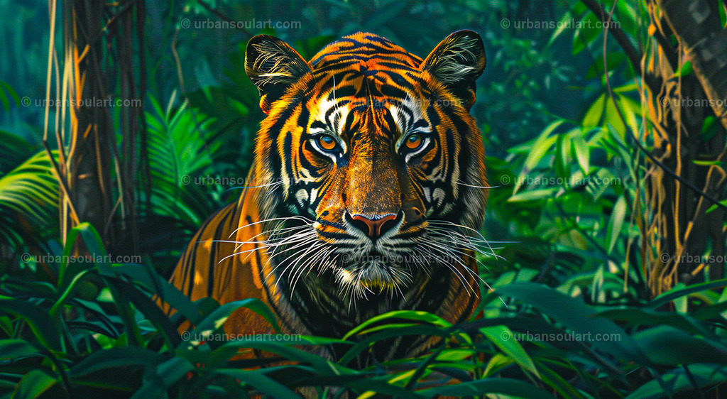 Indian Tiger In The Forest | This captivating portrait of an Indian tiger hidden among lush greenery captures the majesty and mystery of wildlife. Perfect for adding a powerful, exotic element to your decor. - Realisiert mit Pictrs.com