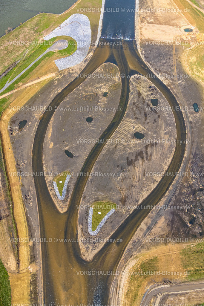 Dinslaken230301194Emschermuendung | Luftbild, Bauarbeiten neue Emschermündung in den Fluss Rhein, Renaturierung der Emscher, Neugestaltung und Umlegung der Emschermündung, Formen und Farben, Eppinghoven, Dinslaken, Ruhrgebiet, Nordrhein-Westfalen, Deutschland