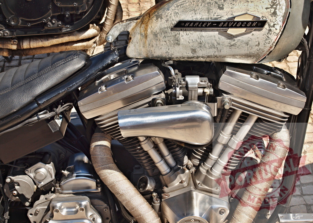 Harley-Davidson motorcycle v-twin engine and custom fuel tank | Harley-Davidson motorcycle detailing its V-twin engine, wrapped exhaust pipes, and rusty fuel tank - Realized with Pictrs.com
