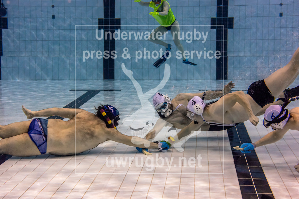 Unterwasser-Hockey: Rückrunde Liga 2023/2024 - Bild 6 | Tauchlcub Octopus (TCO) Weinheim 1 in blau gegen die Spielgemeinschaft Tauchclub Hannover und ETSV Elmshorn in weiß. Beide Mannschaft beim Anschwimmen auf den Weg zum Puck in der Spielfeldmitte auf dem Beckenboden. Im Hintergrund einer der Schiedsrichter mit dem neongelben Trikot. - Realisiert mit Pictrs.com