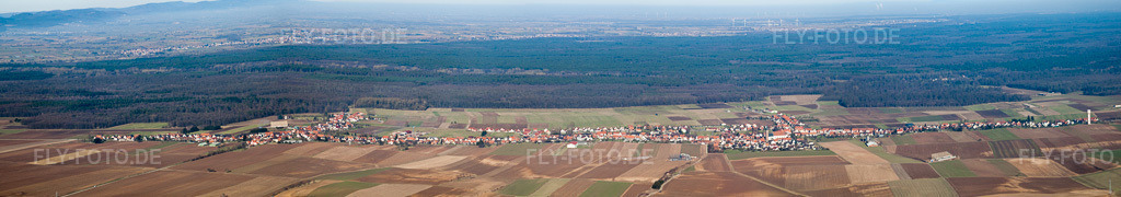 Luftbild: Panorama von Schleithal, Längstes Dorf des Elsaß in Siegen im Bundesland Bas-Rhin in Frankreich. – Foto: IMG_37489-Bearbeitet.jpg vom 07.02.2011 durch Werner Riehm/FLY-FOTO.de – Auflösung des Originals: 16420 x 2892 px