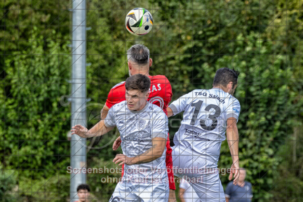 20250831_151034_0245-Bearbeitet | Max Weber (TSG Salach #26), Anasrasios Kivotidis (TSG Salach #13) und Manuel Tamas (SV Ebersbach #10)TSG Salach (weiß) vs. SV Ebersbach (rot), Fußball, Bezirksliga - Bezirk Neckar/Fils, 02. Spieltag, Saison 2025/2026, Rasensportplatz, Staufenecker Straße, 73084 Salach, 31.08.2025 - 15:00 Uhr,Foto: PhotoPeet-Sportfotografie/Peter Harich