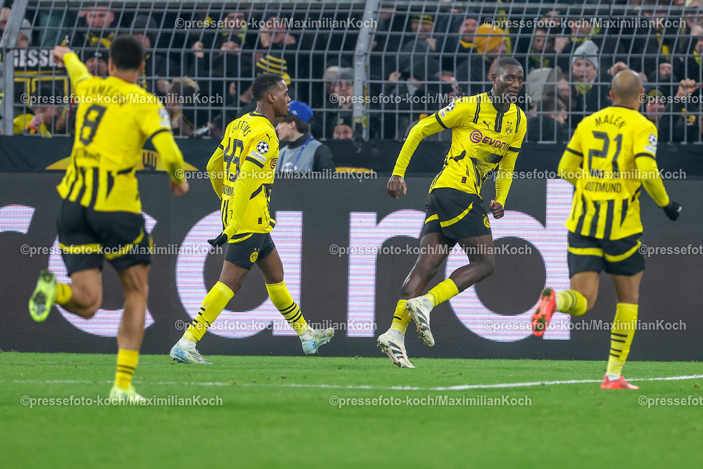 UCL11122401083 | 11.12.2024, UEFA Champions League, Borussia Dortmund - FC Barcelona, 8. Spieltag, Signal Iduna Park, Saison 2024 2025: Torjubel nach dem 2:2 durch Torschütze Serhou Guirassy (BVB #9)