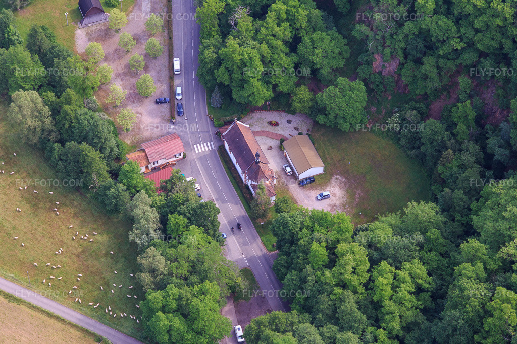 Aerial view: Notre Dame Chapel in the district Sankt Germanshof in Wissembourg in the state Bas-Rhin, France.Photo: IMG_100710.jpg taken on 06/05/2017 by Werner Riehm/FLY-FOTO.comResolution of the original: 5472 x 3648 px