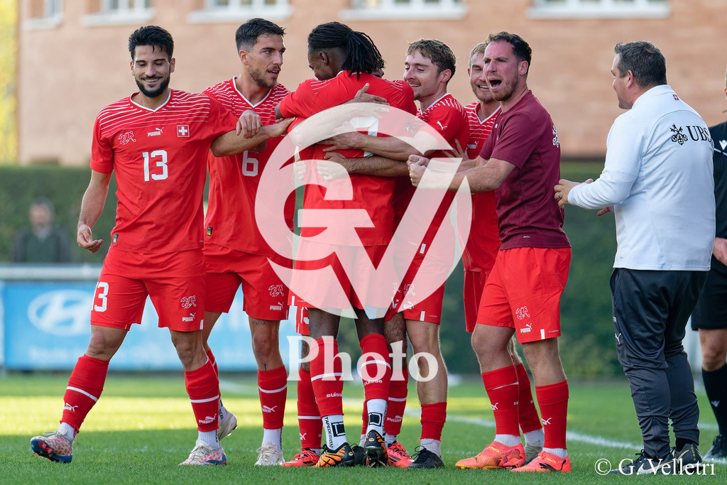 UEFA Region's Cup - Vaud v Munster | Hugo Lopez Rullo (15 Vaud) celebrates after scoring his team's first goal with teammates during the UEFA Region's Cup game between Vaud and Munster at Centre Sportif de Colovray in Nyon, Switzerland 