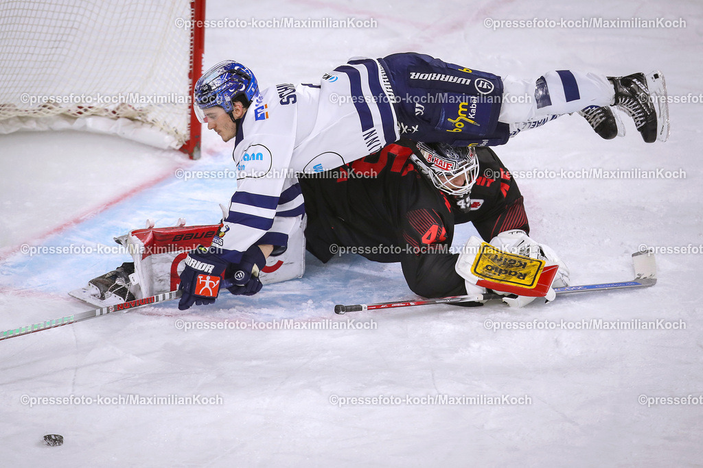 KoeDEL02012401063 | 02.01.2024, Köln, Eishockey, Penny DEL, 34. Spieltag, Lanxess-Arena, Kölner Haie - Iserlohn Roosters: Penalty-Schießen nach der Overtime. Torhüter Tobias Ancicka (Kölner Haie) verteidigt das Tor und wirft Cedric Schiemenz (Iserlohn Roosters) zu Boden.