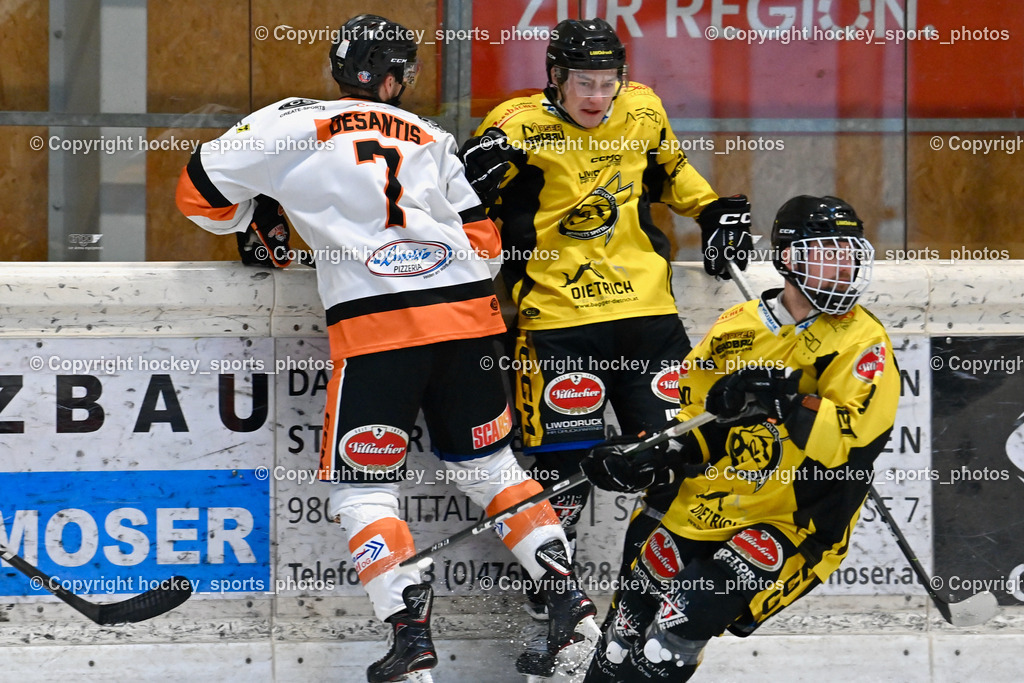 EC Hornets Spittal vs. USC Piraten Velden 18.2.2024 | #7 DeSantis lason USC Velden, #81 Sivec Peter Paul EC Hornets Spittal, #98 Thalhammer Dominic EC Hornets Spittal, EC Hornets Spittal vs. USC Piraten Velden 18.2.2024, EC Hornets Spittal vs. USC Piraten Velden 18.2.2024 am 18.02.2024 in Spittal an der Drau (Eissportzentrum Spittal), Austria, (Photo by Bernd Stefan)