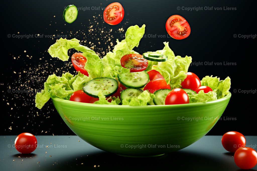 grüner Salat in leuchtenden Farben | Salatschale mit Gurken und Tomaten