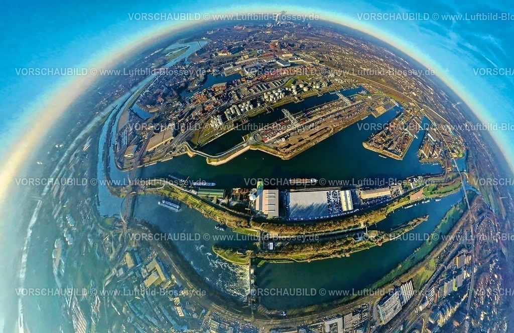Duisburg241290103DuisportHafenTOPAZ | Luftbild, Duisburg Hafen duisport mit Duisburg Gateway Terminal (DGT) Containerterminal, zwischen Ölinsel und Schrottinsel, links die Karl-Lehr-Brücke über den Fluss Ruhr, rechts Berliner Brücke Autobahnbrücke der Autobahn A59, Erdkugel, Fisheye Aufnahme, Fischaugen Aufnahme, 360 Grad Aufnahme, tiny world, little planet, fisheye Bild, Ruhrort, Duisburg, Ruhrgebiet, Nordrhein-Westfalen, Deutschland