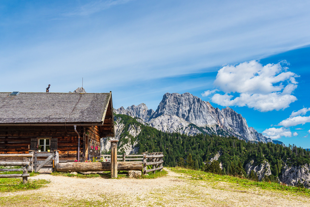 Blick auf die Litzlalm mit Hütte in den Alpen in Österreich | Blick auf die Litzlalm mit Hütte in den Alpen in Österreich.