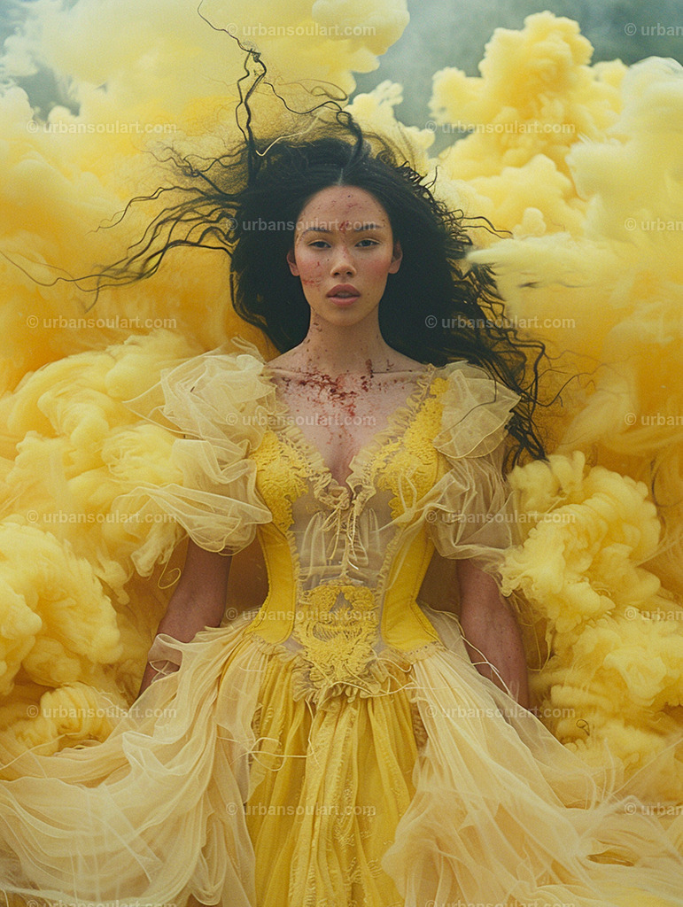 Black Hair Woman In Castle Vintage Yellow Dress | An ethereal portrayal of a woman in a vintage yellow dress surrounded by soft clouds of smoke. The intricate details and dream-like setting make this artwork ideal for spaces needing a touch of fantasy and elegance, bringing a unique blend of strength and beauty. - Realisiert mit Pictrs.com