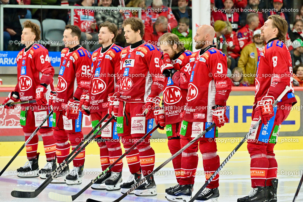 EC KAC vs. EC Red Bull Salzburb | #64 Preiml Maximilian EC KAC, #92 Unterweger Clemens EC KAC, #9 Mursak Jan EC KAC, #98 Obersteiner Daniel EC KAC, #90 Fraser Matthew EC KAC, #8 Petersen Nicholas Eric EC KAC, EC KAC vs. EC Red Bull Salzburb, EC KAC vs. EC Red Bull Salzburb am 04.04.2025 in Klagenfurt (Heidi Horten Arena), Austria, (Photo by Bernd Stefan)