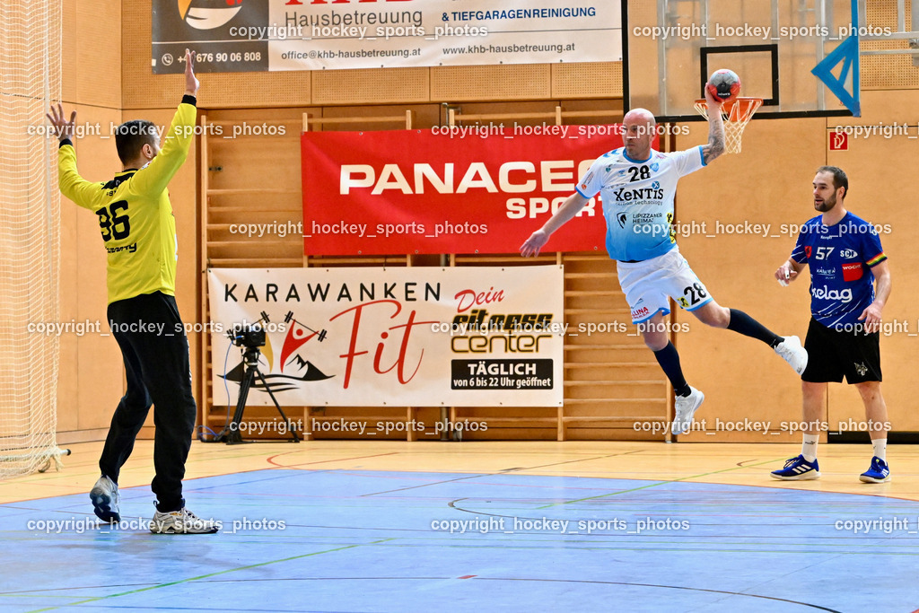 SC Ferlach vs. HSG Bärnbach/Köflach 30.3.2024 | #96 KONECNY Micha Martin SC Ferlach, #28 WEBER Robert HSG Bärnbach, #57 LEBAN Patrik SC Ferlach, SC Ferlach vs. HSG Bärnbach/Köflach 30.3.2024, SC Ferlach vs. HSG Bärnbach/Köflach am 30.03.2024 in Ferlach (Ballspielhalle Ferlach), Austria, (Photo by Bernd Stefan)
