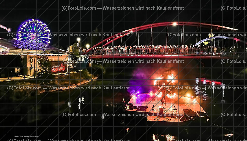 0486_Luftbild_VOLKSFEST-Wlbg_InselFeuer-Show | (C)FotoLois.com, Alois Spandl, Luftbild, Wieselburger VOLKSFEST neu, Feuershow auf der Erlaufinsel unter den Brücken, Do 29. Juni 2023.