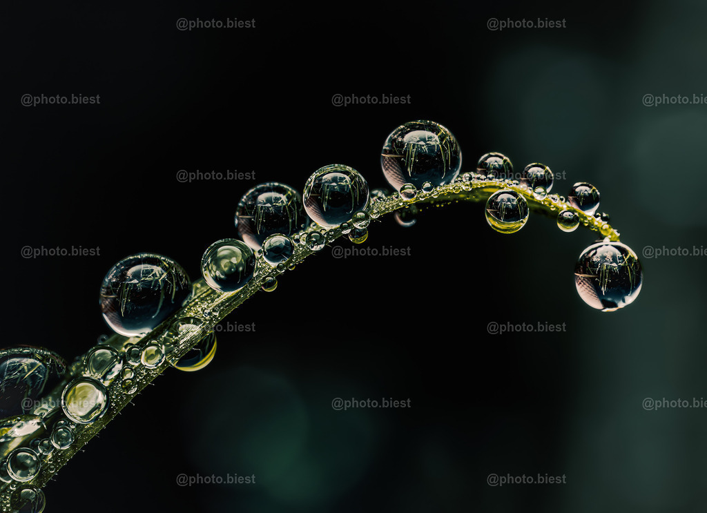 Droptopus | Ein kleiner Grashalm mit kleinen und großen Tautropfen bevölkert. - Realisiert mit Pictrs.com