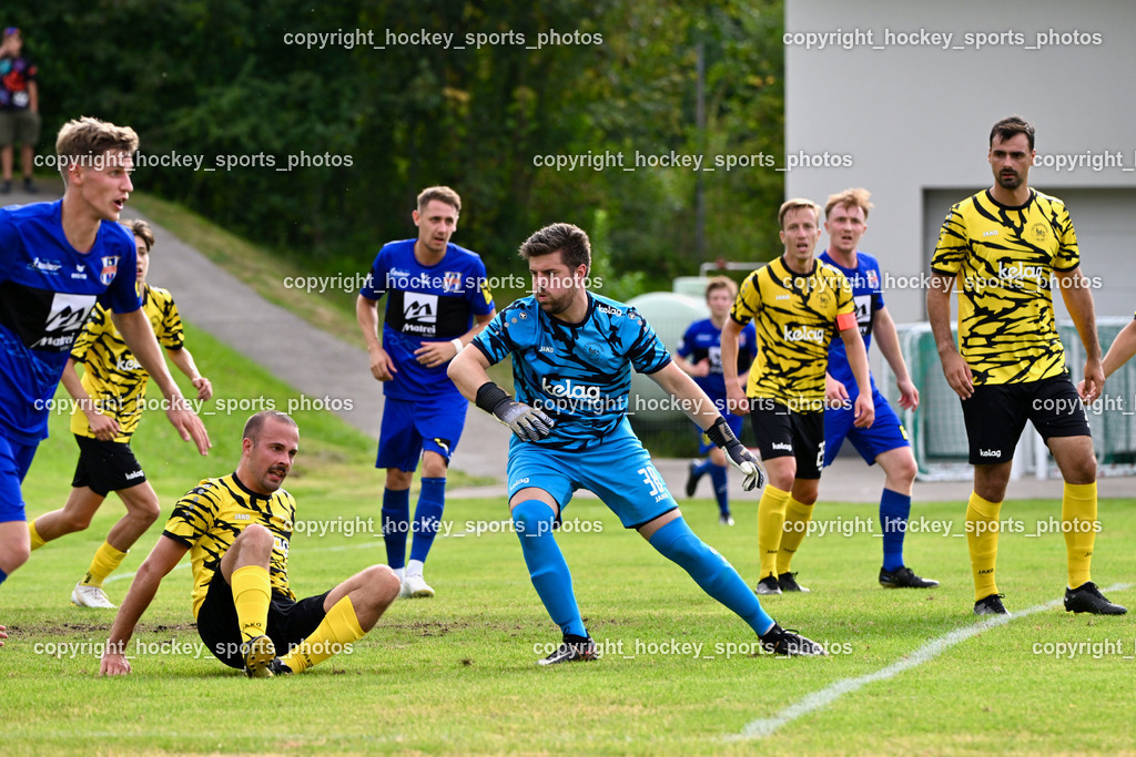 FC Faakersee vs. Union Matrei | #16 Hannes Wibmer Matrei, #17 Matteo Scheucher FC Faakersee, #1 Michael Lessiak FC Faakersee, #18 Andreas Unterguggenberger FC Faakersee, FC Faakersee vs. Union Matrei, FC Faakersee vs. Union Matrei am 18.08.2024 in Finkenstein (Sportplatz Faakersee), Austria, (Photo by Bernd Stefan)