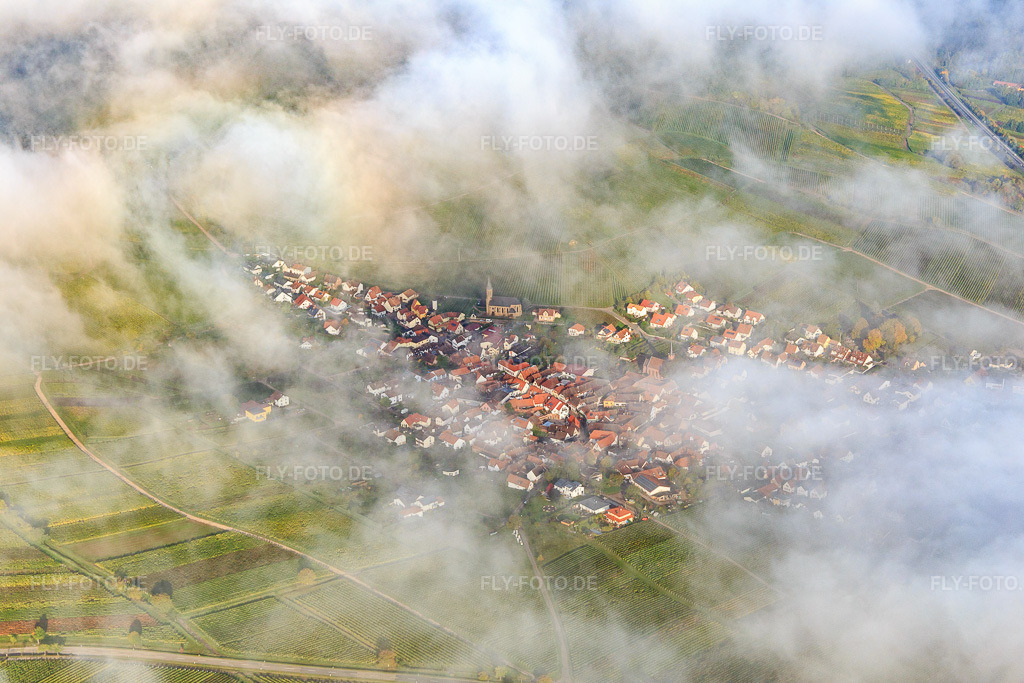 Luftbild: Winzerdorfansicht unter Wolken in Birkweiler im Bundesland Rheinland-Pfalz in Deutschland. Foto: IMG_103746.jpg vom 01.10.2017 durch Werner Riehm/FLY-FOTO.de