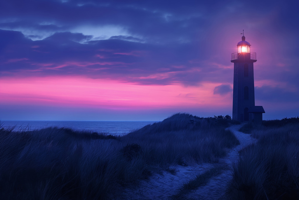2407055 - Blaue Stunde am Leuchtturm | Ein Leuchtturm zur blauen Stunde im Stil einer Fotografie.Bestellen Sie dieses Motiv als hochwertigen Kunstdruck z.B. auf Leinwand oder hinter Acrylglas. Für Preise, Größen- und Materialauswahl klicken Sie bitte auf "Bestellen.