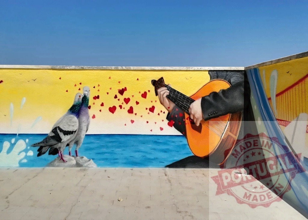 Lisbon street art showing pigeons in love and Fado music | Colorful mural depicting two pigeons, hearts, and a hand playing a traditional Portuguese guitar by the sea - Realized with Pictrs.com