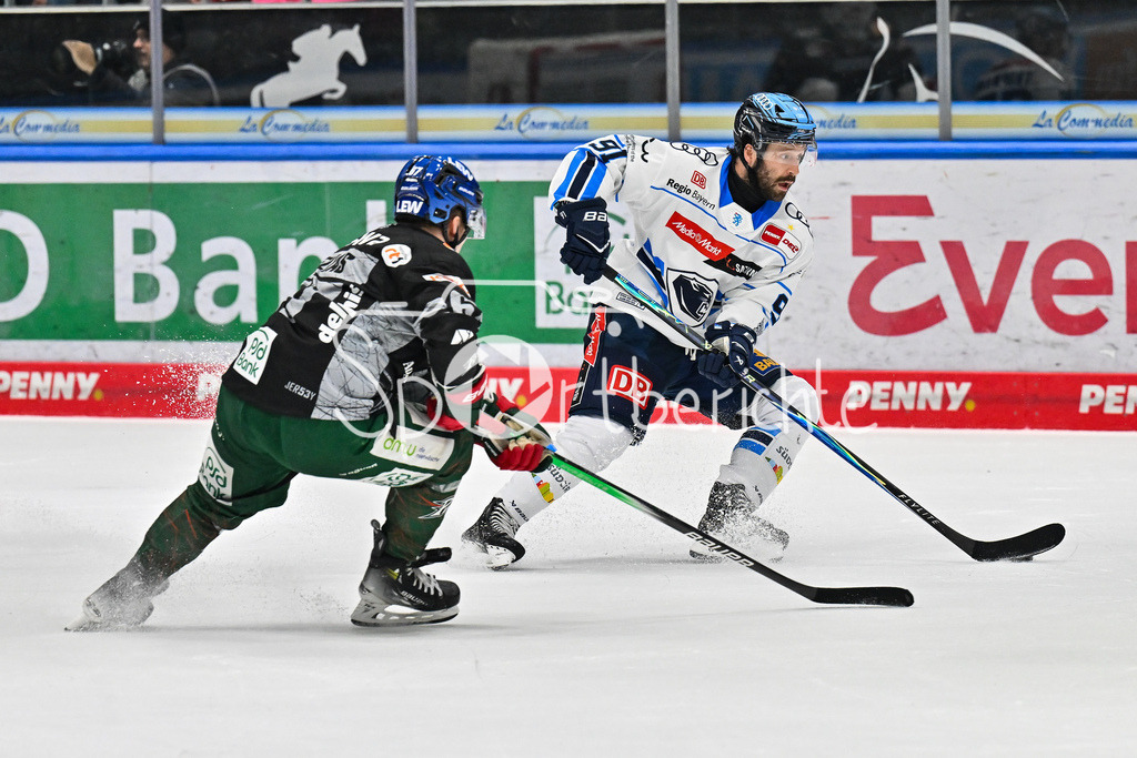 Augsburger Panther - ERC Ingolstadt | im Duell Florian ELIAS (Augsburger Panther 67) Riley SHEEN (ERC Ingolstadt 91) / Zweikampf beim match zwischen den Augsburger Panthern und dem ERC Ingolstadt am 13. Spieltag der Penny DEL im Curt Frenzel Stadion am 23.10.2025