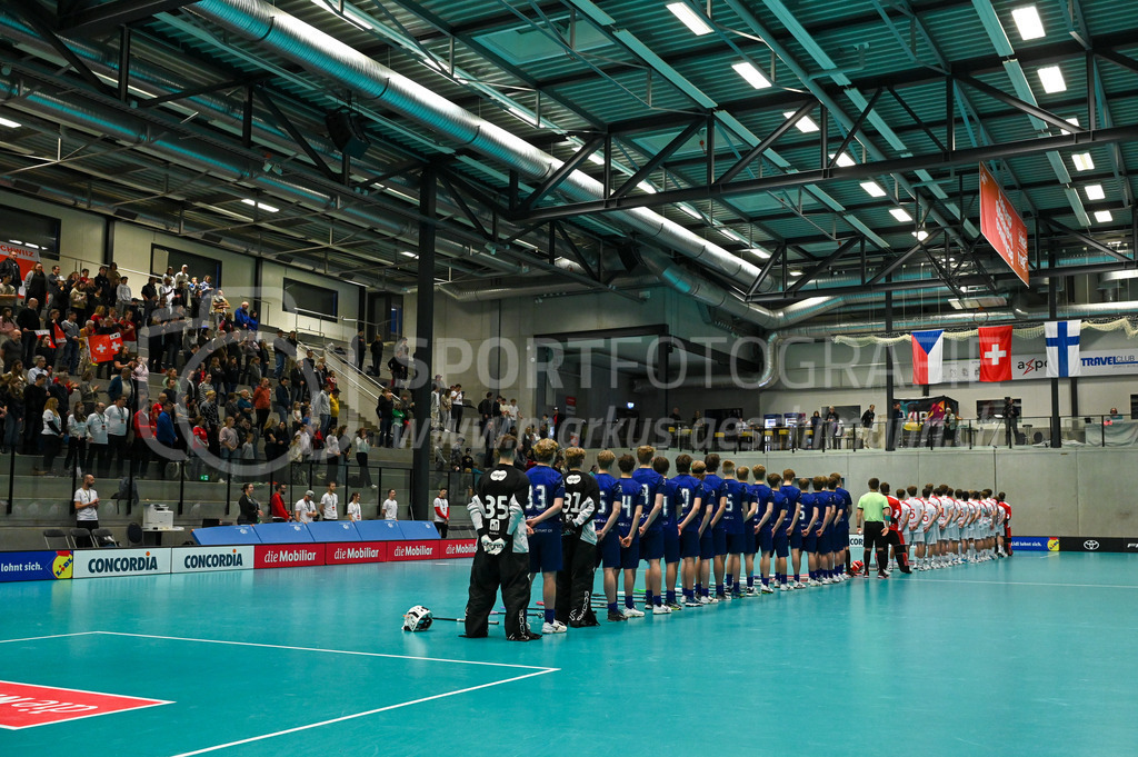 Switzerland U19 vs Finland U19 - 3. February 2024 | Switzerland U19 vs Finland U19
U19 Men International Matches in Switzerland
GoEasy Arena, Siggenthal Station
The teams during the national anthems.
Credit: Markus Aeschimann | <a href="https://www.markus-aeschimann.ch">Sportfotografie Markus Aeschimann</a> | <a href="https://www.instagram.com/sportfotografie.aeschimann">@sportfotografie.aeschimann</a> - Realisiert mit Pictrs.com