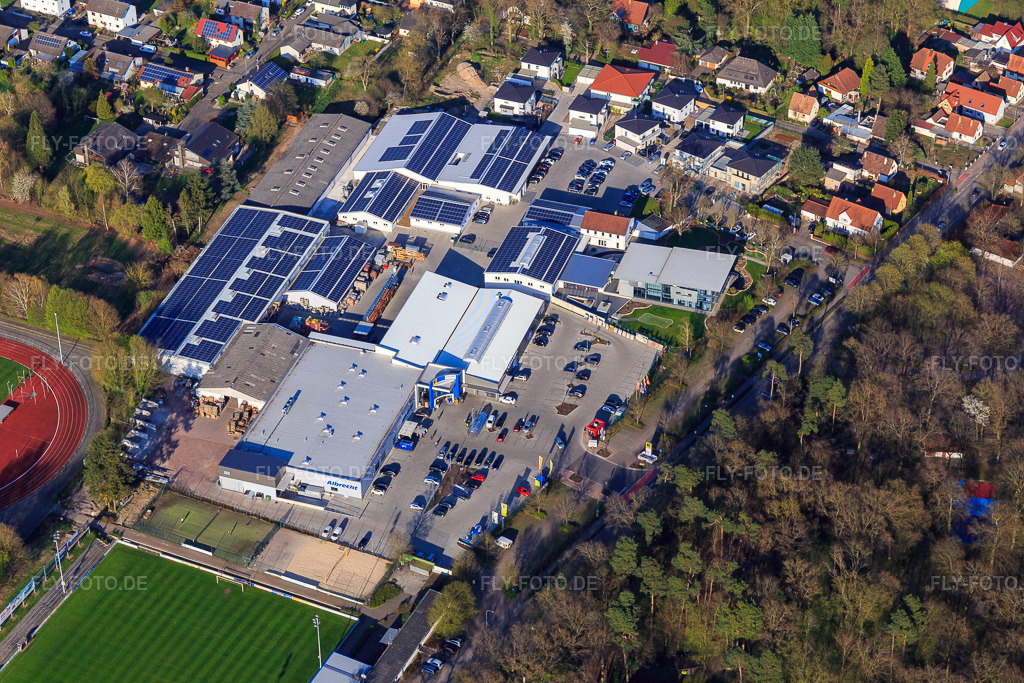 Luftbild: Quartiert Lanzet mit EDEKA Albrecht und Hagebau Kompakt - Gillet Baustoffe GmbH in Herxheim bei Landau im Bundesland Rheinland-Pfalz in Deutschland. Foto: IMG_097912.jpg vom 30.03.2017 durch Werner Riehm/FLY-FOTO.deWWW.EDEKA.DE