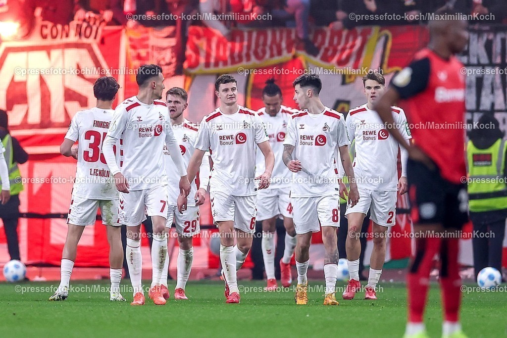 DFB05022501079 | 05.02.2025, Fußball, DFB-Pokal Viertelfinale, Bayer 04 Leverkusen - 1.FC Köln, BayArena, Saison 2024 2025: Torjubel nach dem 2:0 durch Linton Maina (FC Köln #37)DFB regulations prohibit any use of photographs as image sequences and or quasi-video.