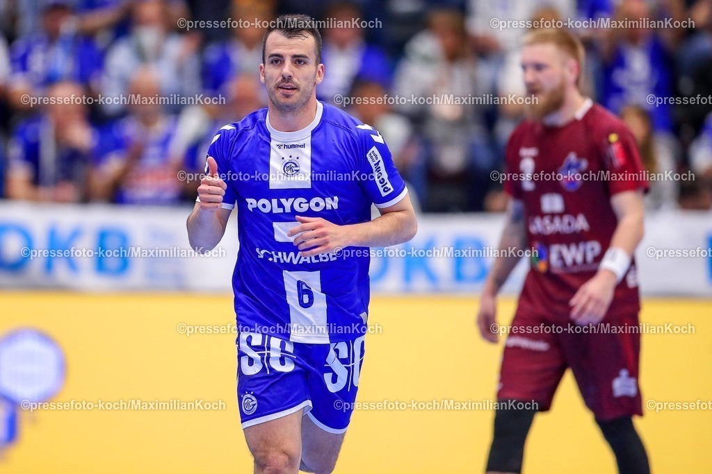 Gum25042501025 | 25.04.2025, Handball, HBL, VfL Gummersbach - 1. VfL Potsdam, Schwalbe-Arena: Milos Vujovic (GUM #6) jubelnd 