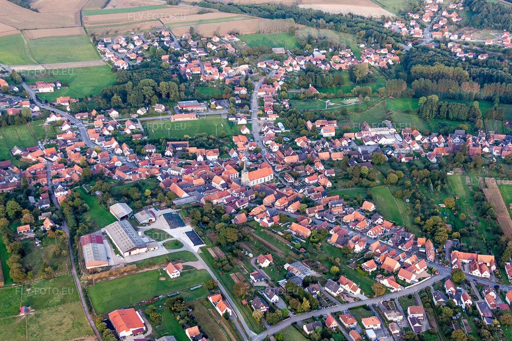 Vue aérienne: Champs agricoles et terres arables à Riedseltz dans le département Bas Rhin, France. Photo: IMG_53754.jpg prise le 30/09/2012 par Werner Riehm/FLY-FOTO.euRésolution de l'original: 4752 x 3168 px