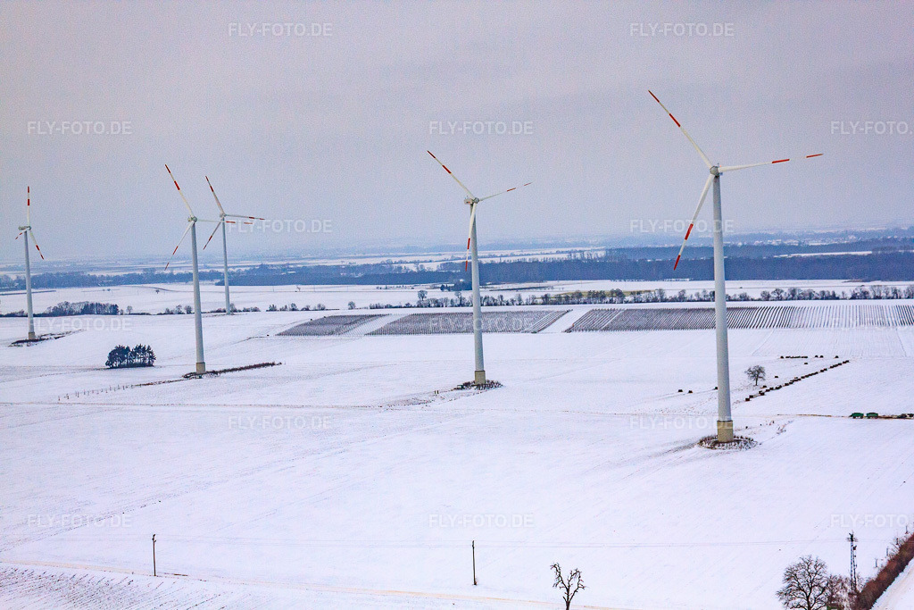 Luftbild: Windkraftanlagen Im Winter bei Schnee in Minfeld im Bundesland Rheinland-Pfalz in Deutschland. Foto: IMG_23552.jpg vom 16.01.2010 durch Werner Riehm/FLY-FOTO.de