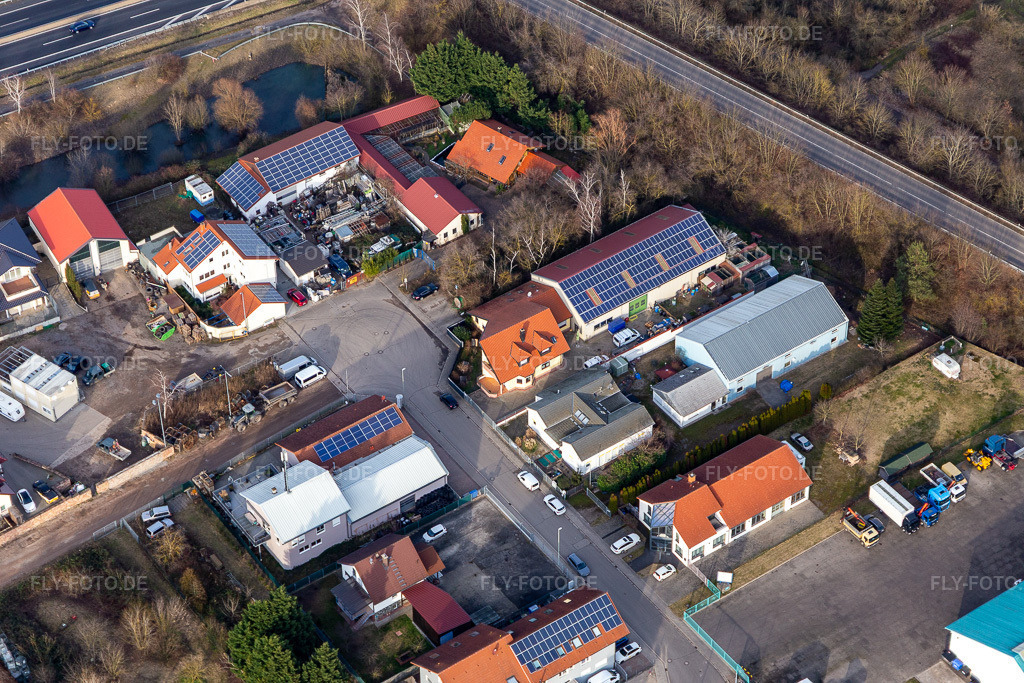 Luftbild: Gewerbegebiet In der Nauroth, Harry Anton Sanitär- und Heizungsbau in Ellerstadt im Bundesland Rheinland-Pfalz in Deutschland. Foto: IMG_130474.jpg vom 12.02.2022 durch Werner Riehm/FLY-FOTO.de