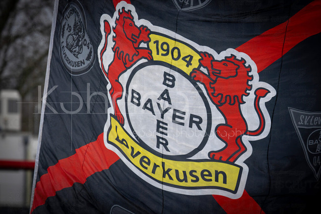 Frauen Fußball-Bundesliga; Bayer 04 Leverkusen - 1. FC Nürnberg, 31.01.2026 | Impressionen: eine Fahne mit dem Vereinslogo von Bayer 04; Bayer 04 Leverkusen - 1. FC Nürnberg an Spieltag 16 der Google Pixel Frauen-Bundesliga am 31.01.2026 im Ulrich-Haberland-Stadion in Leverkusen (Nordrhein-Westfalen). DFL REGULATIONS PROHIBIT ANY USE OF PHOTOGRAPHS AS IMAGE SEQUENCES AND/OR QUASI-VIDEO.