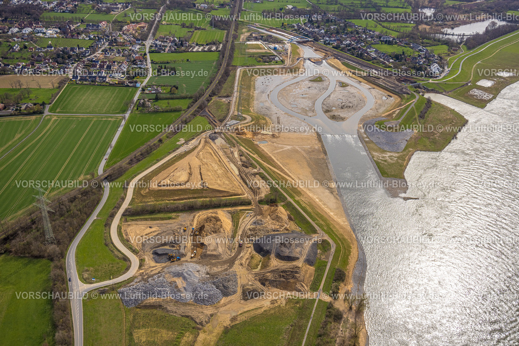 Dinslaken230301149Emschermuendung | Luftbild, Bauarbeiten neue Emschermündung in den Fluss Rhein, Renaturierung der Emscher, Neugestaltung und Umlegung der Emschermündung, Eppinghoven, Dinslaken, Ruhrgebiet, Nordrhein-Westfalen, Deutschland