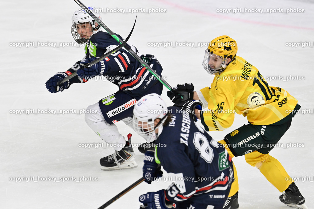 ATSE Graz vs. EHC Lustenau | #16 Wüstner Robin EHC Lustenau, #20 Helm Simon ATSE Graz, ATSE Graz vs. EHC Lustenau, ATSE Graz vs. EHC Lustenau am 14.02.2026 in Graz (Merkur Eishalle ), Austria, (Photo by Bernd Stefan)