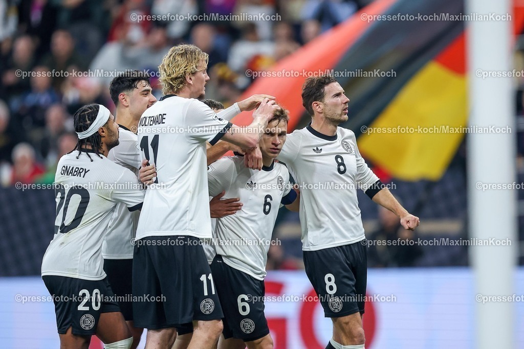 DFB10102502164 | 10.10.2025, Fußball, Länderspiel, Deutschland - Luxemburg, UEFA WM-Qualifikation, 2025/2026, Gruppe A, PreZero Arena in Sinsheim: Torjubel nach dem Tor zum 2:0 durch Torschütze Joshua Kimmich (GER #06) nach Elfmeter  zusammen mit Serge Gnabry (GER #20) Nick Woltemade (GER #11) Leon Goretzka (GER #08) . DFB regulations prohibit any use of photographs as image sequences and or quasi-video