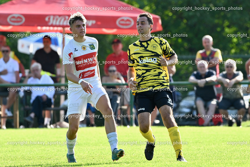 FC Faakersee vs. Rapid Lienz  | #16 Sandro Unterreiner Rapid Lienz, #9 Thomas Unterguggenberger FC Faakersee, FC Faakersee vs. Rapid Lienz , FC Faakersee vs. Rapid Lienz  am 04.08.2024 in Faakersee (Sportplatz Faakersee), Austria, (Photo by Bernd Stefan)