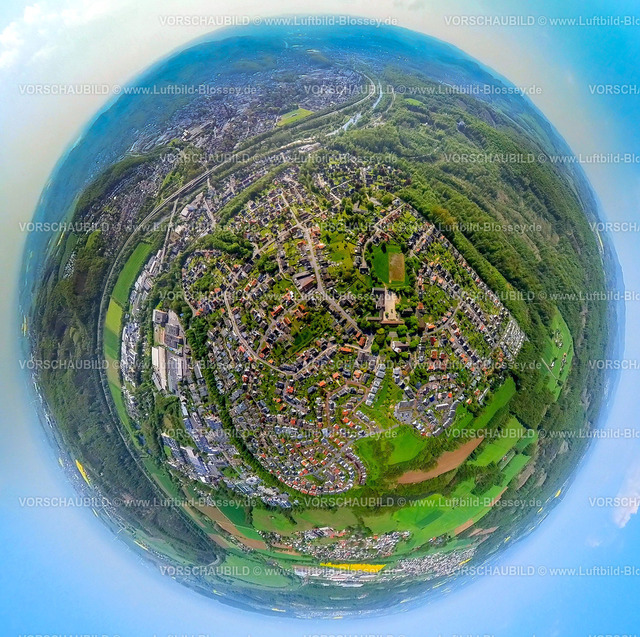 Arnsberg230520012Neheim | Luftbild, Ortsansicht Neheim-West, Erdkugel, Fisheye Aufnahme, Fischaugen Aufnahme, 360 Grad Aufnahme, Bergheim, Arnsberg, Sauerland, Nordrhein-Westfalen, Deutschland