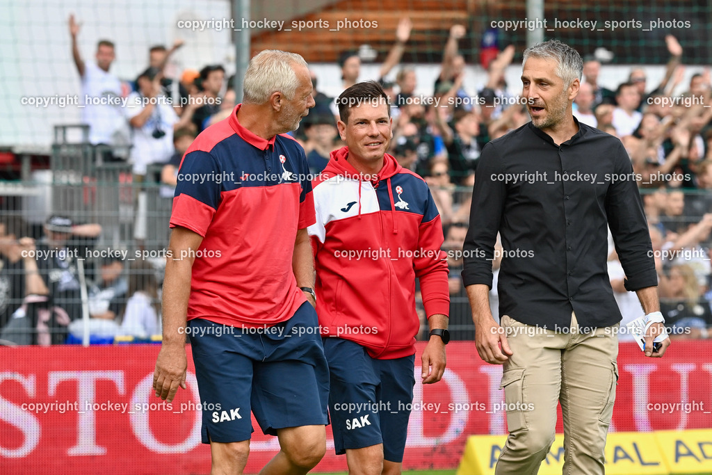 SAK vs. SK Sturm 22.7.2023 | Assistencoach SAK Peter Hrstic, Assistentcoach SAK Simon Sadnek, Headcoach SAK Darko Djukic
