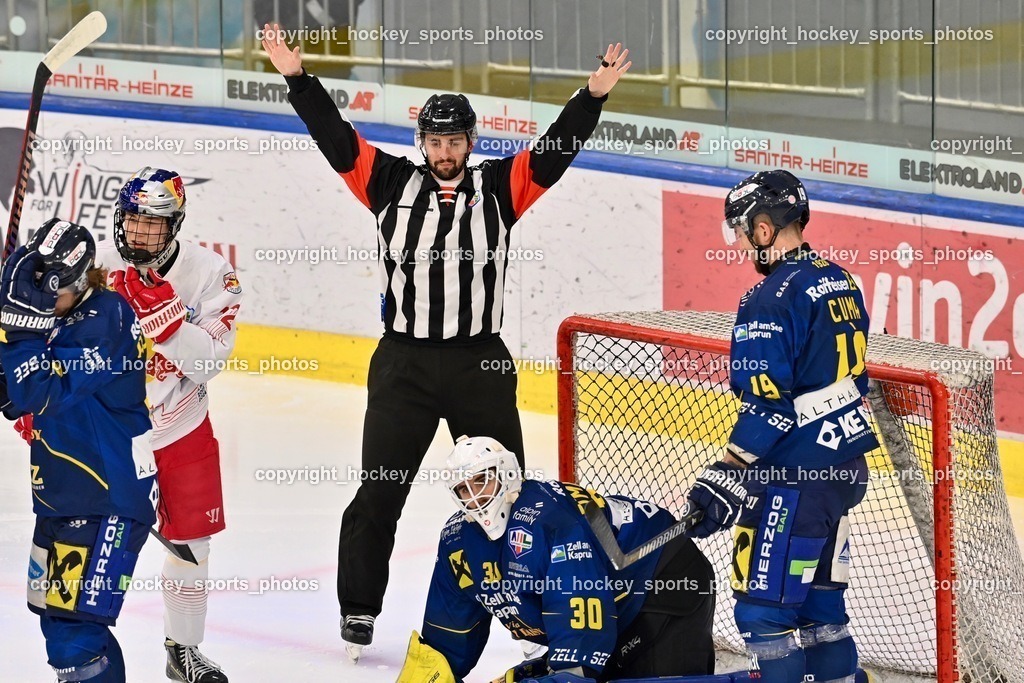 RED BULL Eishockey Akademie vs. EK Zeller Eisbären 25.1.2024 | #12 Kogler Luca, KUMMER Stefan Referee, #30 Zimmermann Max, #19 Cuma Tyler