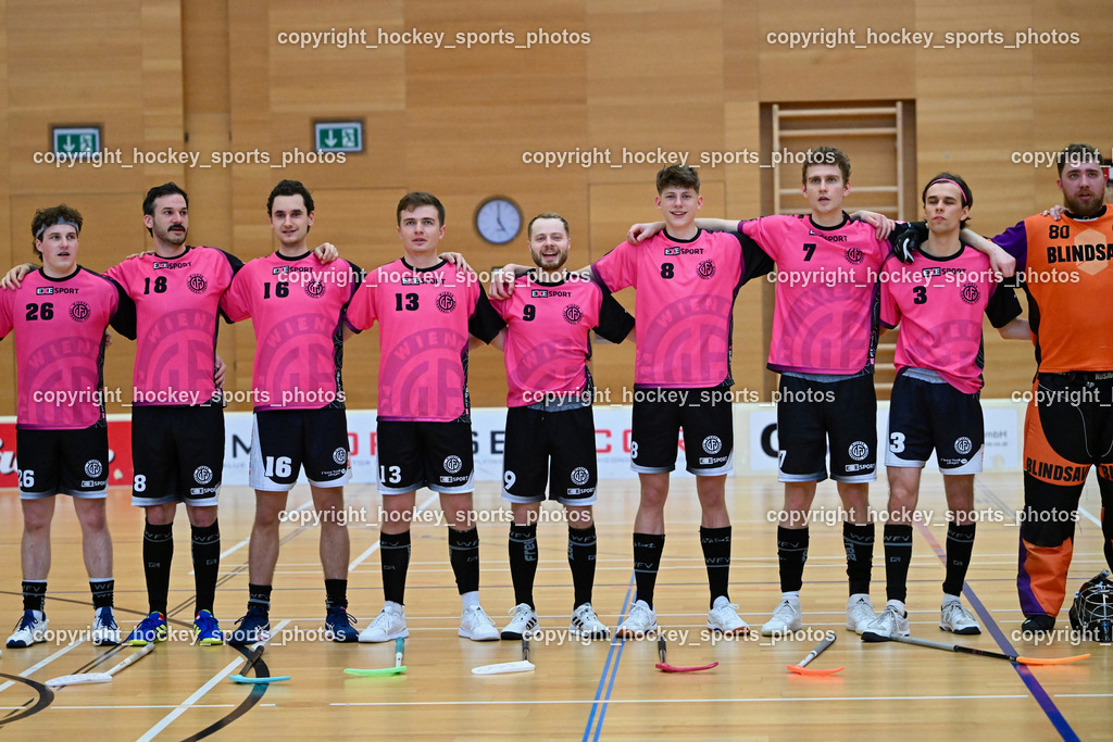VSV Unihockey vs. Wiener Floorballferein 6.4.2024 | #26 Alexander Hanschur Wiener Floorballverein, #18 Christian Dworzak Wiener Floorballverein, #16 Christian Göth Wiener Floorballverein, #13 Vincent Hähnig Wiener Floorballverein, #9 Laurin Zehetner Wiener Floorballverein, #8 Maximilian Kuscher Wiener Floorballverein, #7 Peter Scheidl Wiener Floorballverein, #3 Jesse Laukkanen Wiener Floorballverein, #80 Bernhard Bezucha Wiener Floorballverein, VSV Unihockey vs. Wiener Floorballferein 6.4.2024, VSV Unihockey vs. Wiener Floorballferein  am 06.04.2024 in Villach (Ballspielhalle St. Martin), Austria, (Photo by Bernd Stefan)