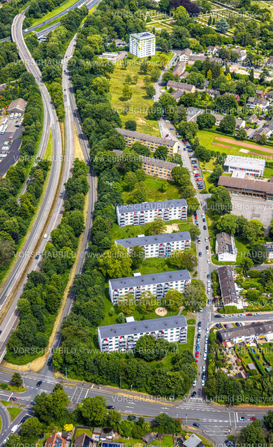 Muelheim240702827 | Luftbild, Mietshäuser Wohnsiedlung, Entwicklung der Eichbaumsiedlung zwischen Filchnerstraße und Autobahn A40, Heißen - Süd, Mülheim an der Ruhr, Ruhrgebiet, Nordrhein-Westfalen, Deutschland