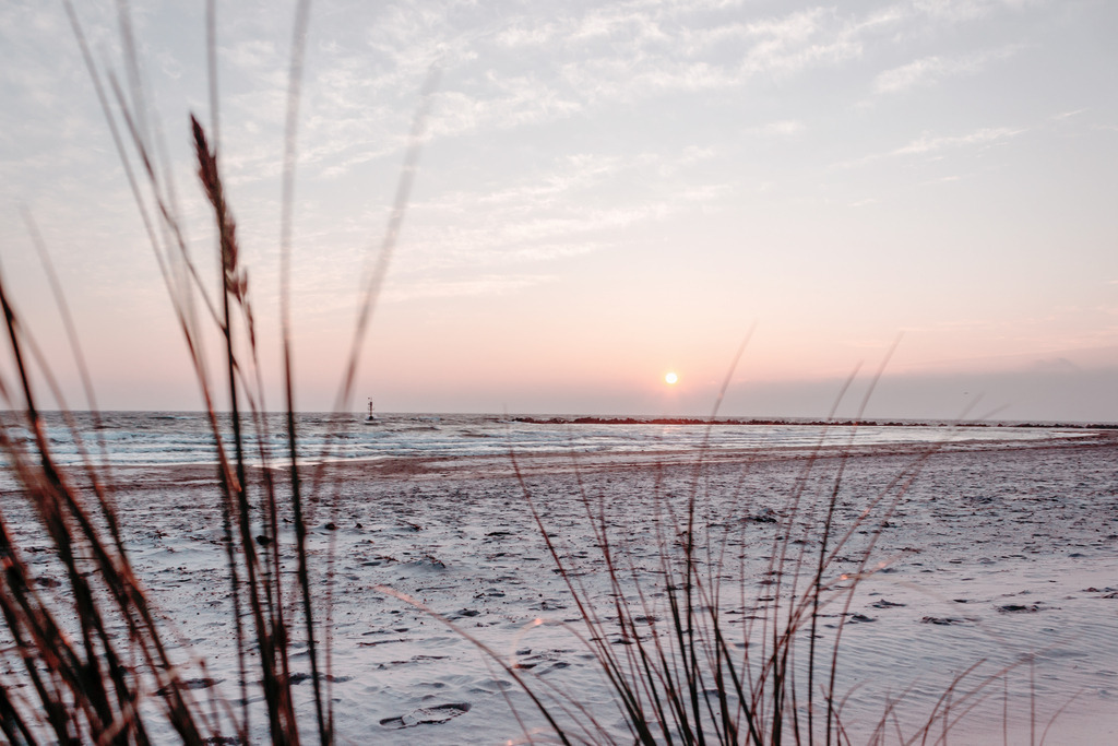 Wandbild: Sonnenaufgang am Meer in dezenten Farben | Das Wandbild im Querformat zeigt einen schönen Sandstrand am Morgen. Das Licht am Strand ist durch den Sonnenaufgang noch dezent rötlich. Im Vordergrund stehen einige Halme Strandhafer. Über dem Meer kann man die kurz zuvor aufgegangene Sonne gut erkennen. Holen Sie sich dieses traumhafte Strandmotiv in dezenten Farben auf Leinwand, auf Aluminium-Platte oder Acrylglas. Ideal fürs Wohnzimmer, Schlafzimmer, Küche, den Arbeitsplatz oder die Ferienwohnung. Die Wandbilder werden individuell für Sie in vielen Abmessungen produziert. Daher passen die Ostseekult Wandbilder immer perfekt an Ihre Wände. - Realisiert mit Pictrs.com