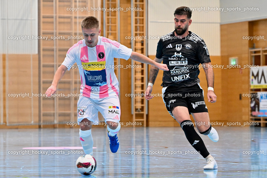 Carinthia Flamengo Futsal Club vs. FC Ljuti Krajisnici | #32 Smajl Delic Carinthia Flamengo, #9 Mak Karabegovic FC Ljuti Krajisnici, Carinthia Flamengo Futsal Club vs. FC Ljuti Krajisnici, Carinthia Flamengo Fusal Club vs. FC Ljuti Krajisnici am 12.10.2025 in Klagenfurt (Ballspielhalle Viktring), Austria, (Photo by Bernd Stefan)