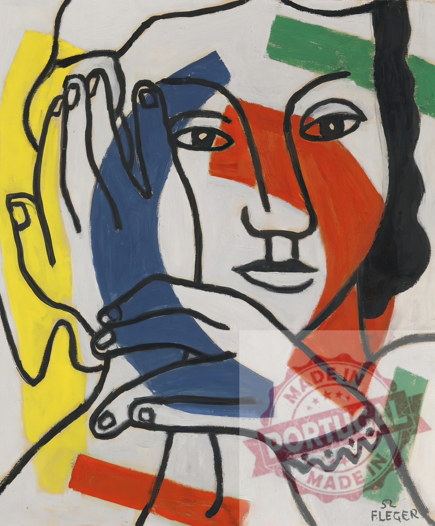 Fernand Léger style portrait of woman contemplating | Fernand Leger Woman portrayed in modern Cubist-inspired art with bold lines and primary color blocks - Realized with Pictrs.com