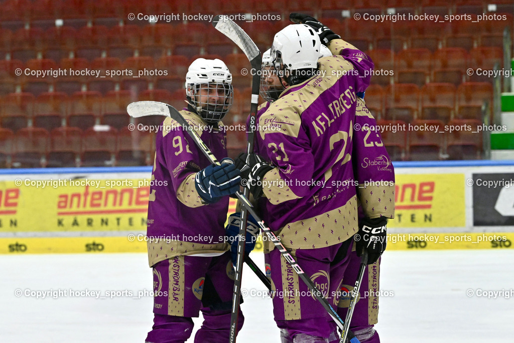 EC Kellerberg vs. EC Arnoldstein | #21 Pettauer Christoph EC Kellerberg, Jubel EC Kellerberg Mannschaft, #23 Assinger Andreas EC Kellerberg, #17 Erlacher Christoph EC Kellerberg, EC Kellerberg vs. EC Arnoldstein, EC Kellerberg vs. EC Arnoldstein am 31.01.2025 in Villach (Stadthalle Villach), Austria, (Photo by Bernd Stefan)
