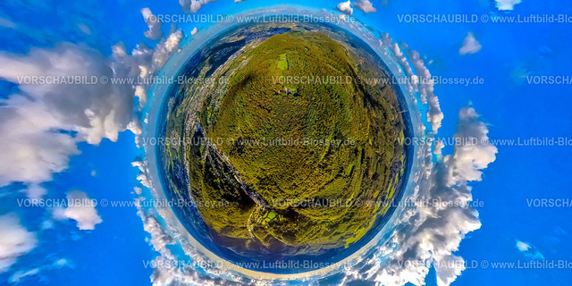 Hagen241090056DreiTuermeWeg | Luftbild, Drei TürmeWeg, bestehend aus Bismarckturm, Eugen-Richter-Turm und Kaiser-Friedrich-Turm, Waldgebiet, Erdkugel, Fisheye Aufnahme, Fischaugen Aufnahme, 360 Grad Aufnahme, tiny world, little planet, fisheye Bild, Haspe, Hagen, Ruhrgebiet, Nordrhein-Westfalen, Deutschland