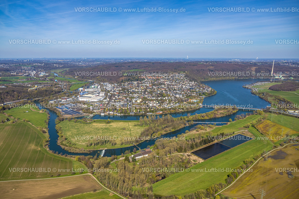 Wetter220401647 | Luftbild, Ortsansicht Wetter, Fluss Ruhr und Obergraben mit Kraftwerk Harkort, Insel In den Weiden, Gemeinschaftswasserwerk Volmarstein, Harkortsee, Wetter, Ruhrgebiet, Nordrhein-Westfalen, Deutschland