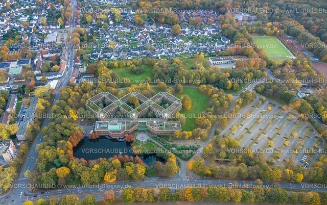 Gelsenkirchen231103389 | Luftbild, Verwaltung BPGE Museum, eon Dienstleistungszentrum, Uniper Technologies GmbH , besondere Architektur in drei liegenden Quadraten, See und Wohngebiet umgeben von herbstlichen Laubbäumen, Hassel, Gelsenkirchen, Ruhrgebiet, Nordrhein-Westfalen, Deutschland